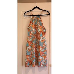 J. McLaughlin Maria Catalina Cloth Halter Blue and Orange Patterned Dress